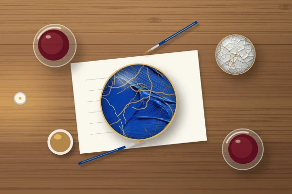 A cobalt kintsugi bowl being painted on a kitchen table, with glasses of red wine, brushes and gold paint