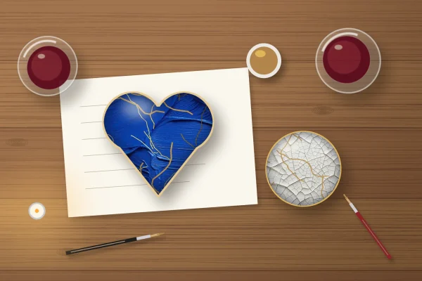A cobalt heart bowl and a white bowl mid-painting on a kitchen table, with wine and brushes