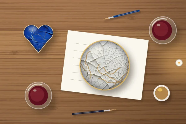 A crackled white bowl traced in gold on a kitchen table, with a cobalt heart bowl, wine and brushes