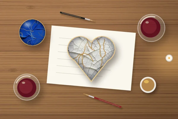 A white heart bowl with gold seams on a kitchen table, with red wine, brushes and a pot of gold paint